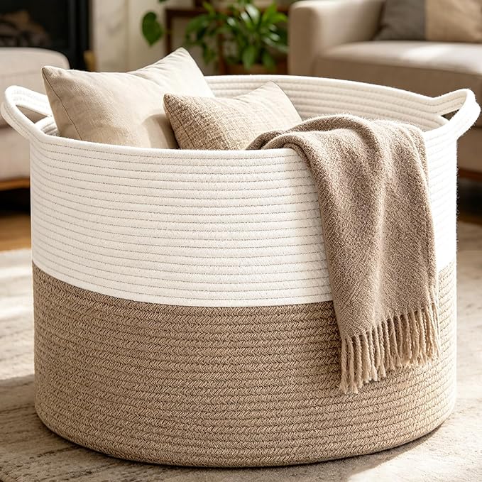 Large Woven Blanket Basket,65L Cotton Rope Laundry Basket | Collapsible Nursery Storage Bin with Sturdy Handles for Clothes, Toys, Pillows, Living Room Bedroom Bathroom - White & Brown