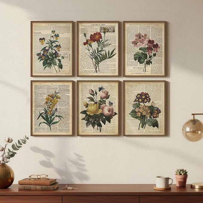 Framed Vintage Floral Wall Art, Set of 6 Colorful Flower Canvas Prints, Rustic Farmhouse Botanical Artwork for Bedroom Living Room Kitchen Dining Room Hallway Office Apartment Home Decor, 11x14 Inch
