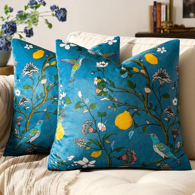MUSSEL Stone Blue Velvet Floral Decorative 16x16 Pillow Covers Set of 2 | Soft Durable and Sturdy,Bird Plant,Throw Pillows Case,Square,Colorful Modern Cushion Covers,Home Sofa Bed Couch Decor
