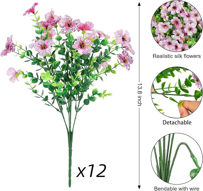 Ouddy Decor 12 Pcs Artificial Flowers for Outdoors Decorations, Pink | Lifelike silk flowers, UV resistant, faux plastic plants, for garden porch window table vase home indoor outdoor decor