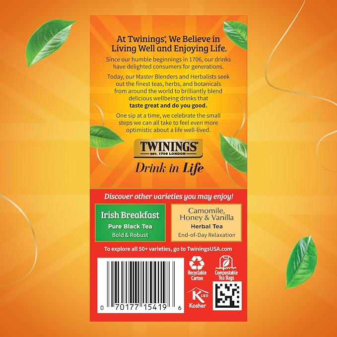 Twinings English Breakfast Black Tea Individually Wrapped Bags, 20 Count (Pack of 1), Flavourful, Robust, Caffeinated, Enjoy Hot or Iced, 20 Teabags