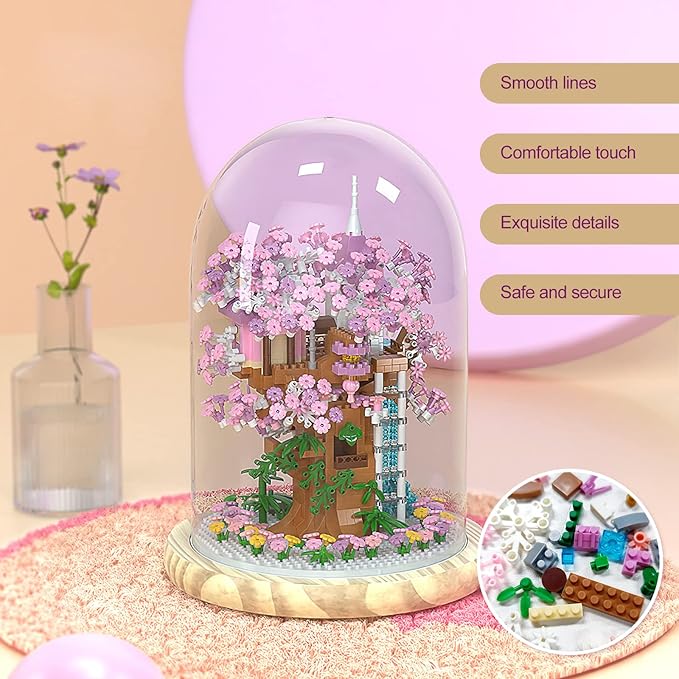 Cherry Blossom Bonsai Tree House Building Flowers Set for Adults, 1382 Pcs Micro-Particle Ideas Sakura Tree Building Blocks, Complete with String Lights, Dust Cover, and Wooden Base