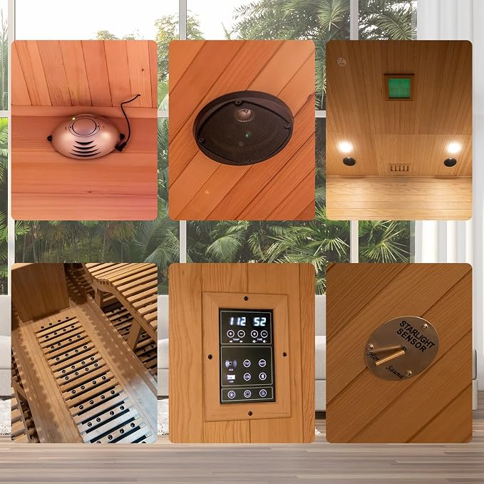 Infrared 2 Person Wooden Sauna Room, Luxurious Sauna with Recliner, 3400W Dry Heat Sauna for Home, 9 Heating Panels, Bluetooth Speaker, 7Color Lights, Oxygen Bar, 220V(Canadian Hemlock)