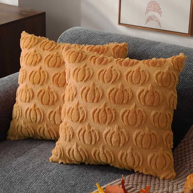 DFXSZ Fall Pillow Covers 16x16 2Pcs Light Orange Pumpkin Fall Decorations | Fall decor Set of 2 Throw Pillow Cases Soft Plush Faux Fur Wool Couch Cushion for Chair Sofa Bedroom Living Room Home Decor