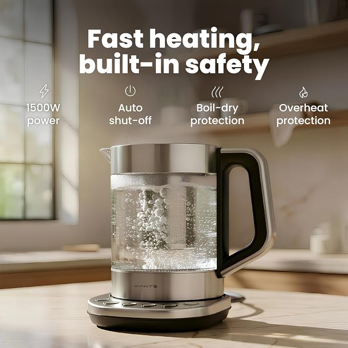 Viante Alba Electric Tea Kettle with Infuser, No Plastic In Contact With Water, 1.5L Borosilicate Glass, 304 Stainless Steel, 4 Temperature Presets, Keep Warm, Cordless, Auto Shut-Off