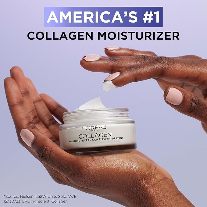 L'Oreal Paris Collagen Moisture Filler Face Cream, Anti-Aging Face Moisturizer, Non-Greasy Fragrance Free Skin Care Formula For Up to 48HR Hydration, 3.4 Oz