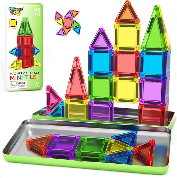 Mini Magnetic Tiles Toddler Travel Essentials Toys with Case Set, Magnetic Building Blocks Kids Games, Montessori Preschool Education Sensory Toys for 3 4 5 Year Old Boys Girls Birthday Gifts