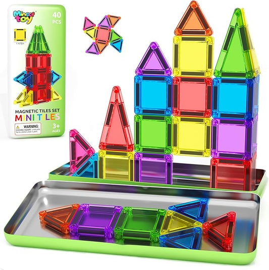 Mini Magnetic Tiles Toddler Travel Essentials Toys with Case Set, Magnetic Building Blocks Kids Games, Montessori Preschool Education Sensory Toys for 3 4 5 Year Old Boys Girls Birthday Gifts