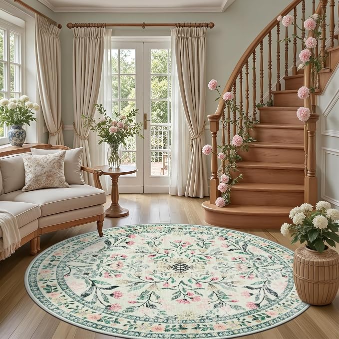 Round Area Rug for Living Room: 6 ft Floral Washable Circle Rug Soft Non-Slip Carpet Indoor Stain Resistant Low Pile Small Circular Rug for Bedroom Entryway Kitchen Nursery Home Office Green Beige