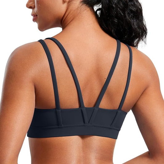 CRZ YOGA Softness Mold Butterluxe V Neck Sports Bras for Women - Workout Top Double Spaghetti Straps Wireless Yoga Clothes