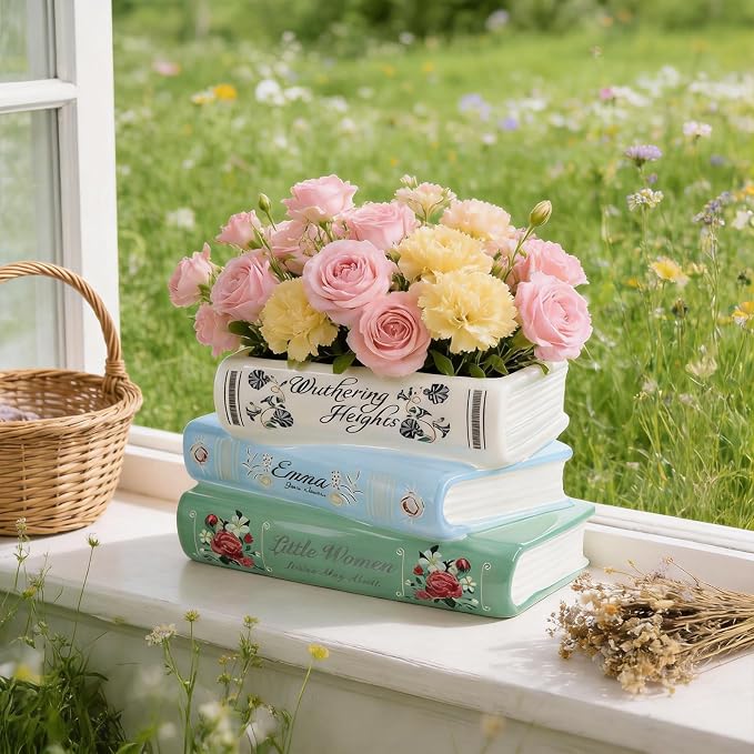 Book-Shaped Decorative Planter Pot - Unique Plant Vase & Bookshelf Desktop Office Decor for Book Lovers|Ceramic Planter with Drainage| Gift for Plant Lovers, Home Decor Enthusiasts