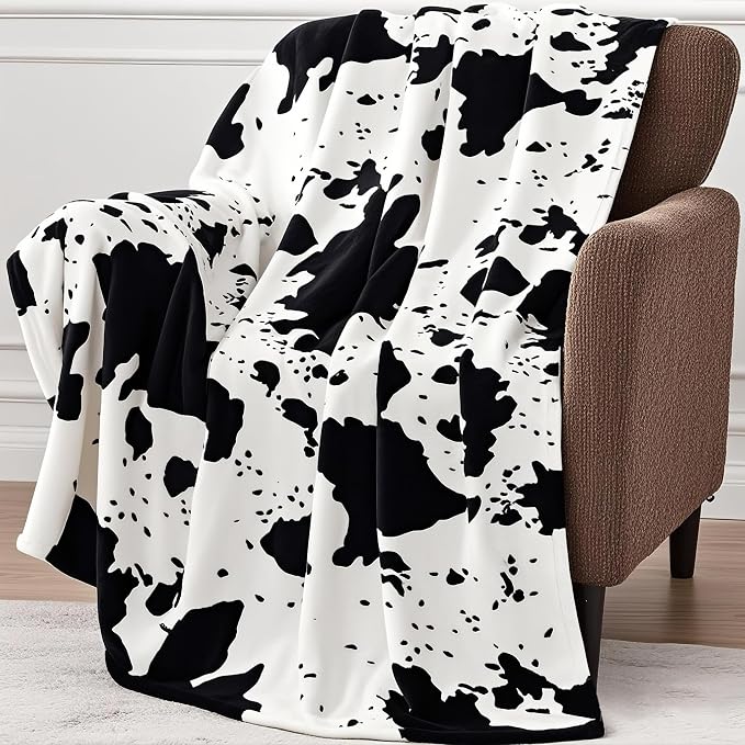 Edenleaf Cow Print Blanket, Ultra Soft Cozy Throw for Couch Bed and Travel, Cow Decor Throw Blankets for All Seasons 60"x80" (Black)