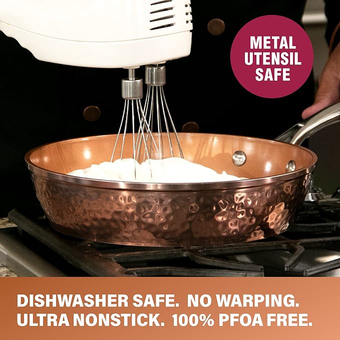 Gotham Steel 10 Inch Hammered Non Stick Frying Pans, Nonstick Frying Pan with Lid, Nonstick Pan, Ceramic Frying Pans Nonstick Skillet, Ceramic Pan, Non Stick Pan, Copper Pan, Dishwasher / Oven Safe | PFOA/PFOS/PTFE Free, Induction Compatible, Stainless...