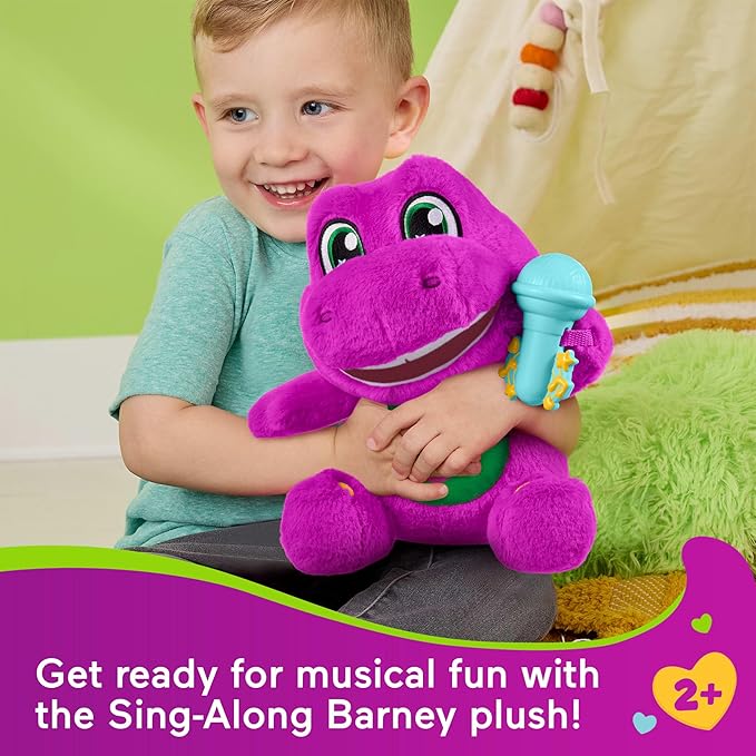 Barney’s World Toddler Toys by Fisher-Price, Barney Tall Plush, 10.5 -inch Figure with Sounds, Soft Texture for Play, Kids Ages 2+ Years