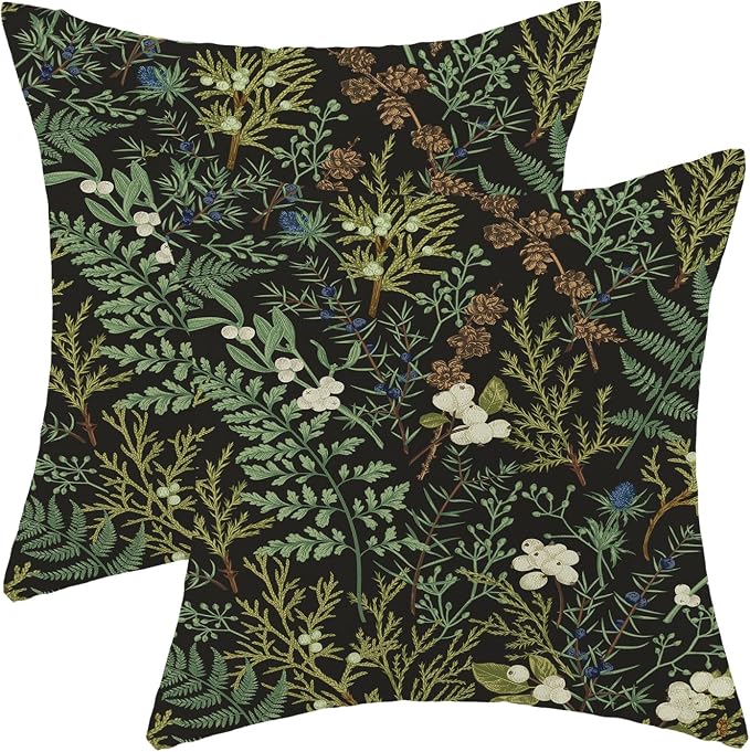 Spring Pillow Covers 20x20 Inch Set of 2,Black Sage Green Wild Flower Plant Throw Pillows Case,Seasonal Vintage Floral Outdoor Decorative Linen Farmhouse Decor Cushion Covers for Sofa Bed Couch