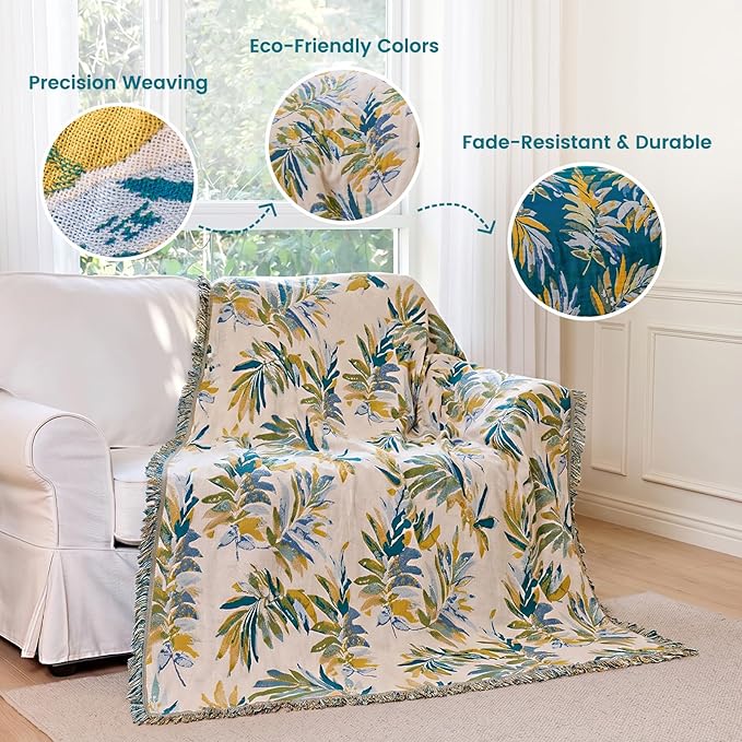 MSGKV Boho Throw Blanket 50"x60" 100% Cotton Leaves Muslin Throw for Couch | 100% Cotton Blanket, Leaves Throw Blanket, Reversible Weave, Soft & Breathable, Nature Home Decor, Machine Washable