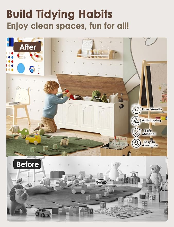 Storage Chest, Wooden Toy Box, Honey Brown & Rustic White 47.2" L | Farmhouse Storage Bench, 2 Soft-close Hinges, Finger-safe Flip-Top Lid, Easy Assembly, Extra Large Trunk, Living Room/Bedroom