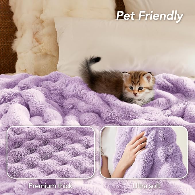 L'AGRATY Faux Rabbit Fur Throw Blanket for Couch, 60'' x 80'', Purple | Soft Cozy Bubble Fluffy Blanket for Sofa Bed, Thick Warm Plush Fuzzy Throw for Room Home Decor, Luxury Gift for Women Mom