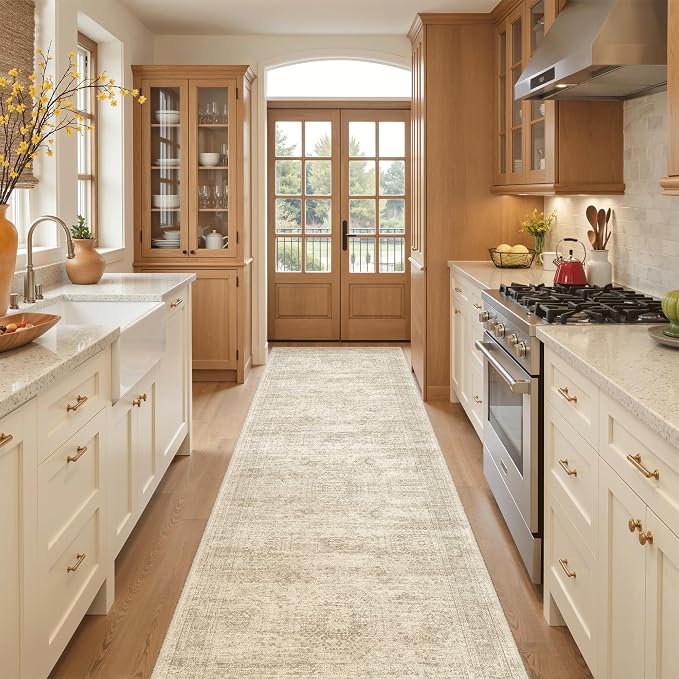 Soalmost Washable 3x10 Hallway Runner Rug Non-Slip Kitchen Entry Rugs Beige | Vintage Long Runners 10ft for Bathroom Laundry Room, Foldable Low-Pile Wide Floor Carpet Mat for Entryway Corridor Bedroom