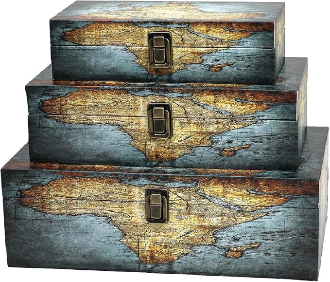 Jolitac Wood Storage Box Set of 3, Vintage Decorative Nesting Boxes Wooden Treasure Storage Crates With Latch, Home Decor Rustic Antique Boxes With Lid for Photos, Jewelry, Cash (Rectangle- Map)