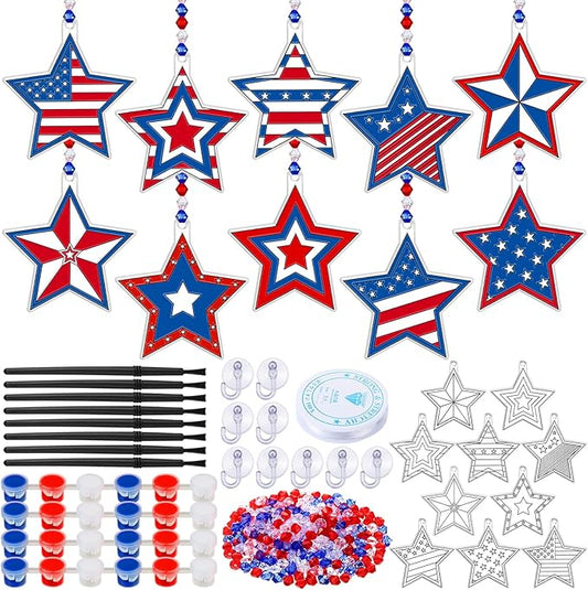 30 Sets Suncatchers Window Art Kits, DIY Sun Catchers Bulk Crafts Paint Your Own Window Ornaments for Boys Girls Classroom Home Party Birthday Activity Decor(Star Independence Day)
