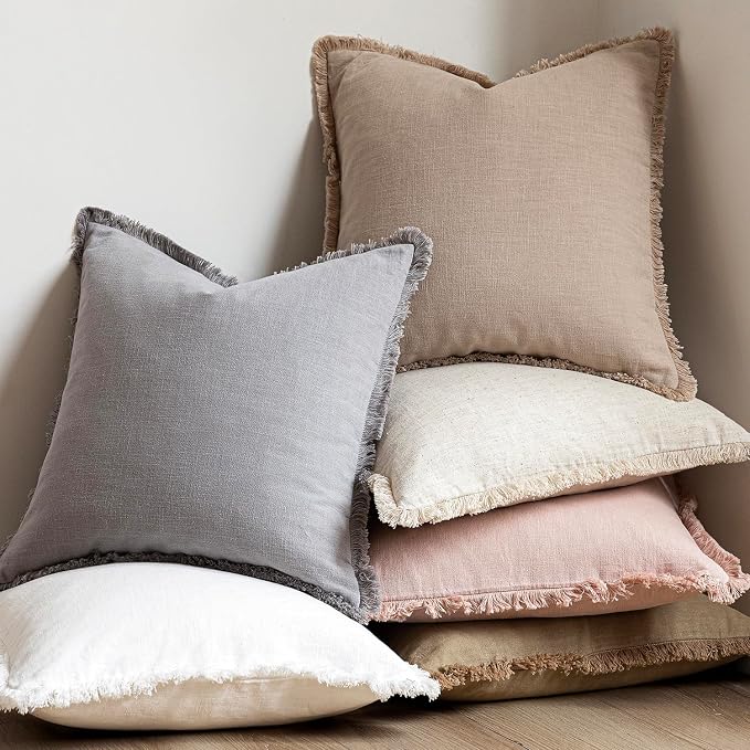 Foindtower Set of 2 Decorative Linen Fringe Throw Pillow Covers Boho Farmhouse Cushion Cover with Tassels Soft Accent Pillowcase for Couch Chair Sofa Bed Living Room Home Decor,24×24 Inch,Tan Beige