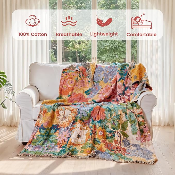 MSGKV Boho Throw Blanket 50"x60" Cotton Floral Blanket for Couch & Sofa | 50"x60" Cotton Floral Throw, Muslin Blanket, Summer Breathable, Farmhouse Decor, All Season Comfort, Machine Washable