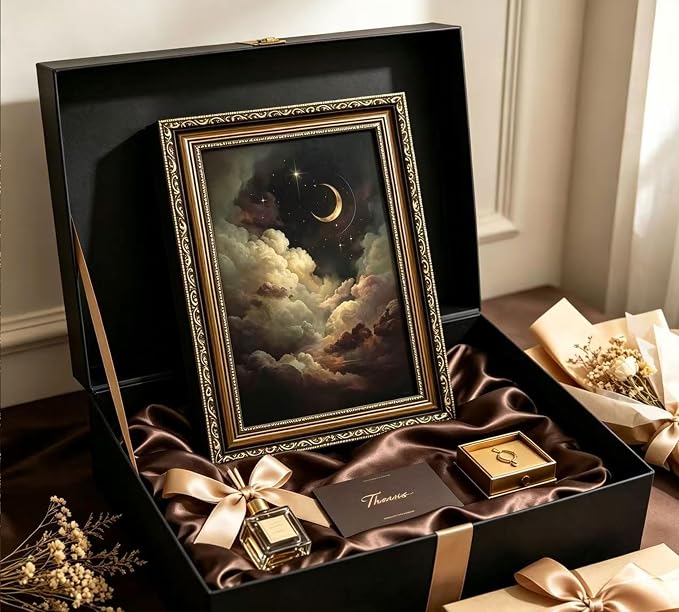 Vintage Gold Framed Crescent Moon Cloud Wall Art, Dark Academia Celestial Starry Sky Oil Painting Print, Antique Ornate Mystical Night Sky Wall Decor, Gothic Cottagecore Home Decor, 12x16in