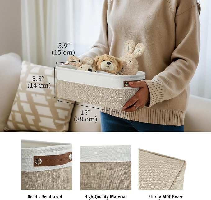 DECOMOMO Narrow Storage Bins, Small Storage Baskets for Shelves 4 Pack | Baskets for Organizing Bathroom, Toilet Tank, Gifts (Beige & White)
