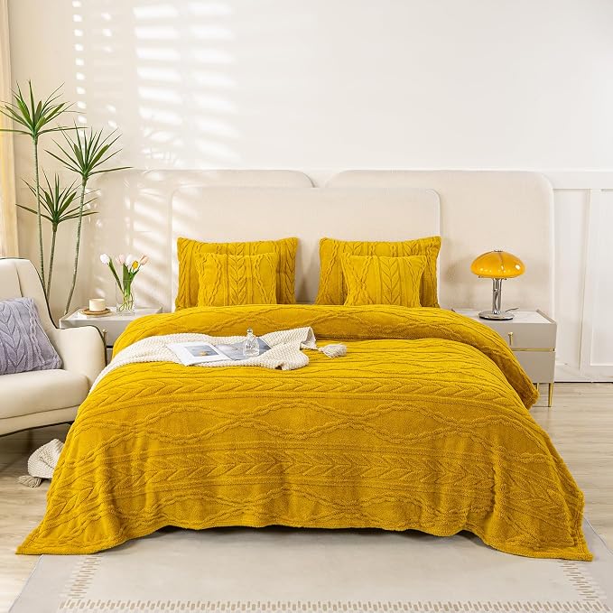 YUSOKI Sherpa Fleece Twin XL Size Blanket, Mustard Yellow, 65"x90" | 3D Stylish Design,320GSM, Non-Shedding, Lightweight for All Season Use, stays fluffy after repeated washes, Perfect Gifts