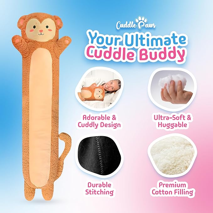 Monkey Plush Body Pillow for Kids | Long Stuffed Animal Cuddle Pillow | Soft Hugging Toy | Plushie Gift for Girls & Boys | Long Plush Body Pillow for Sleep & Comfort | Large, 47 Inches