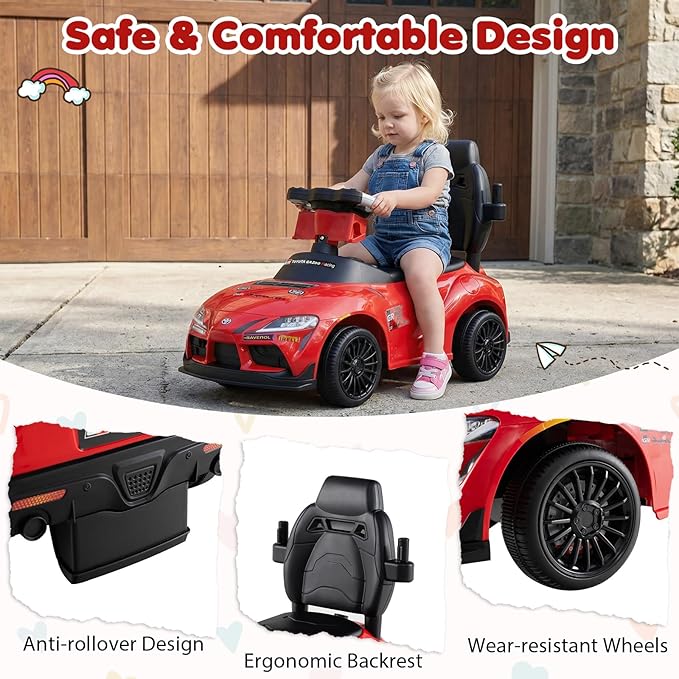 Costzon Push Car for Toddlers, 3 in 1 Toyota Licensed Stroller Sliding Walking Car w/Handle, Music, Safety Guardrail, Under-Seat Storage, Foot-to-Floor Kids Ride On Toys for Boys Girls (Red)
