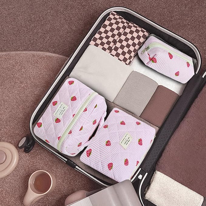 GISMTR 3Pcs Makeup Bag Cotton Quilted Travel Cosmetic Bag Cute Floral Makeup Pouch Large Toiletry Bag for Women Girls