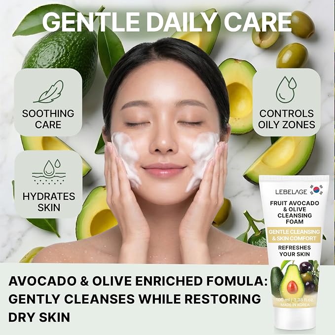 LEBELAGE Korean Avocado&Olive Facial Cleanser 3.38 oz | Cleansing Foam Face Wash | Low pH Gentle Hydrating Daily Facial Cleanser Sensitive Skin | Deep Cleansing Foaming Cleanser, Pore Care