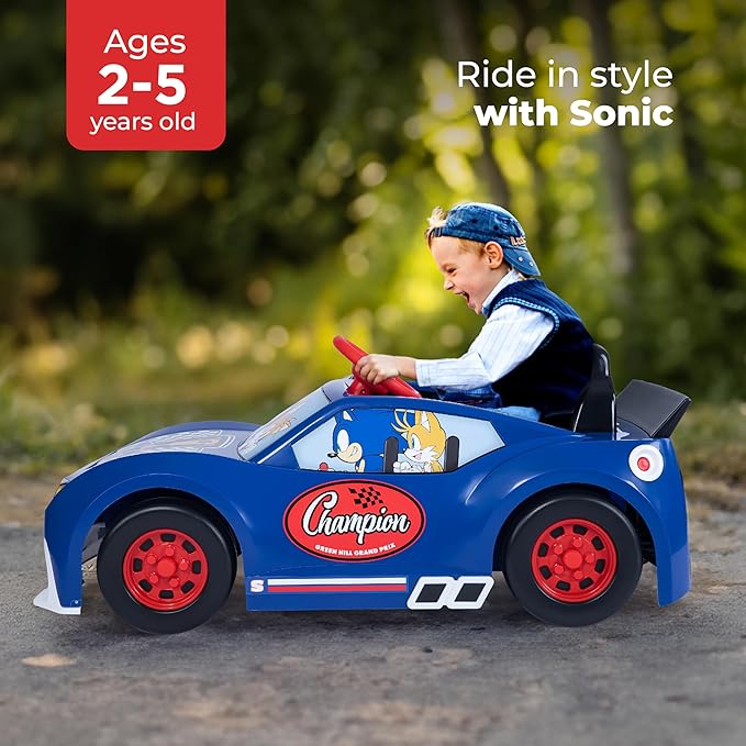 Sonic The Hedgehog 6V Grand Prix Kids Ride on Car, Rechargeable Battery, Working Headlights, Sounds, Hood Storage, 1.9mph Speed, Exciting Ride On Toys for Children Ages 3 and Up