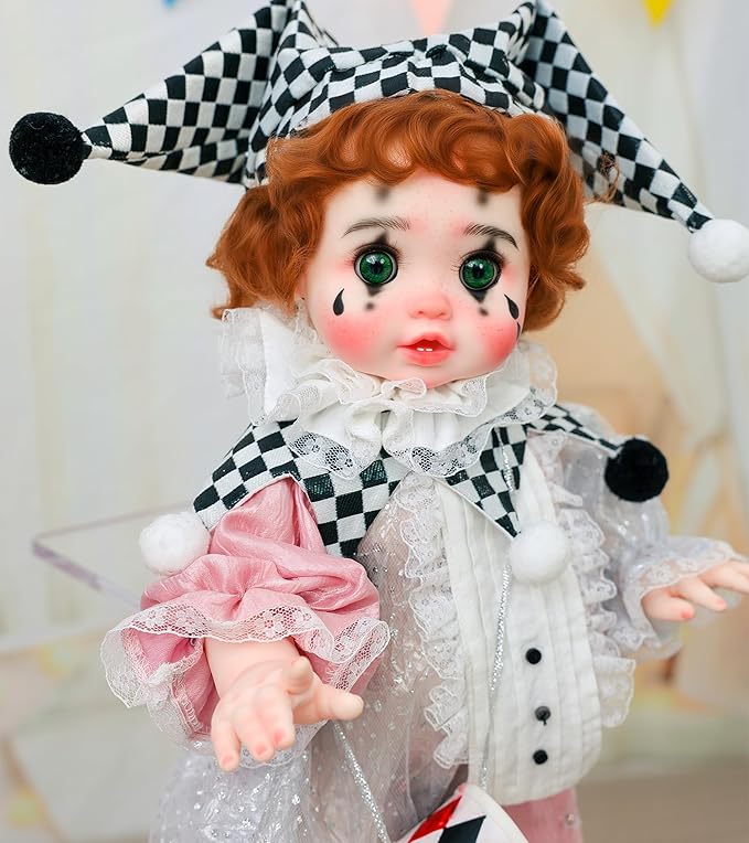 Harlequin Clown Reborn Toddler Girl Dolls – 18 Inch Baby Doll with Curly Hair, Checkered Hat, Pink & Silver Costume, and Mini Drum, Baby Dolls for 5 Year Old Girls, Parents, Collectors