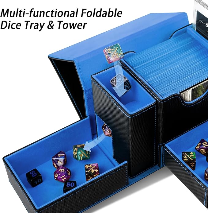 MTG Deck Box for Commander Display with Dice Tower, Fits 100 Double Sleeved Cards for TCG/PTCG, Cards Storage Case with Dice Tray and 35PT Magnetic Card Holder (Black/Blue)