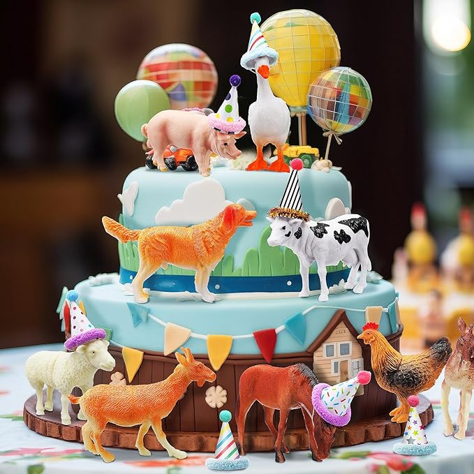 18 Pcs Farm Animal Birthday Party Decorations Mini Birthday Hat Animal Figure Model Cake Toppers with Mini Hat for Birthday Party, Animals Themed Party