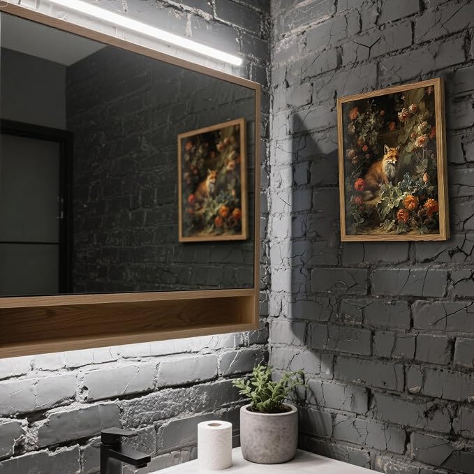 Framed Dark Academia Fox Canvas Wall Art, Sitting Fox Surrounded by Flowers, Elegant Vintage Botanical Poster, Fine Art Print for Living Room Bedroom Study – Dark Wooden Frame 12x16in