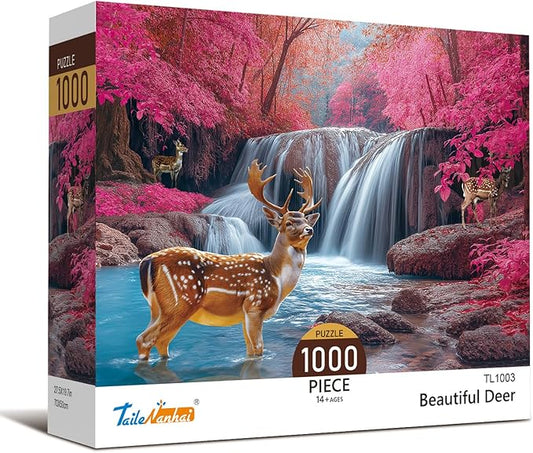 1000 Piece Puzzle of Adults - Beautiful Deer National Park Forest Waterfall, Nature Wildlife Jigsaw Puzzle
