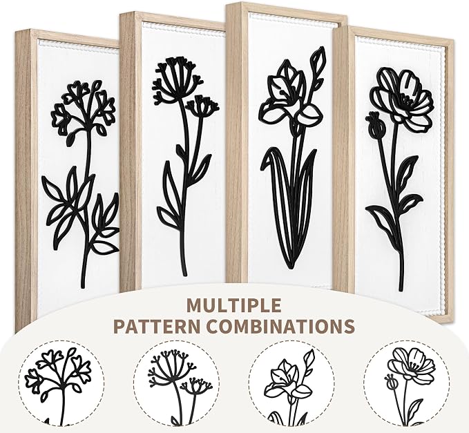 White Floral Bathroom Wall Decor Set of 4, Wood-Framed 3D Gallery Wall Art | Raised floral cutouts in rectangular frames, ready to hang; neutral boho farmhouse gallery decor for bedrooms and hallways