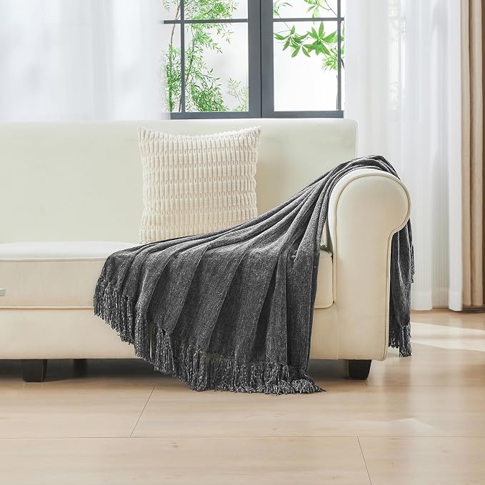 CozeCube Chenille Throw Blanket, Charcoal Grey Fringe Blanket, 60"X80" | For Couch, Cozy Plush Fuzzy Decorative Blanket with Fringe Tassels, Lightweight Throws for Bed Sofa Gift Home Decor