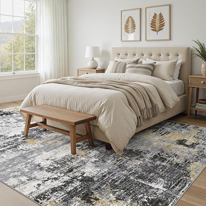 UERMEI 6x9 Area Rug for Living Room - Washable Neutral Modern Abstract Carpet, Non-Slip Soft Large Indoor Floor Rugs for Bedroom Home Office & Under Dining Table Decor, Black/White/Gold