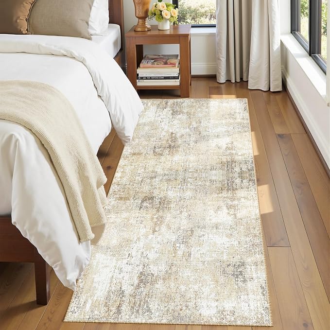 RELEANY Washable Runner 2'x6' Abstract Area Rug for Hallway Neutral Brown | carpet for kitchen, entryway, bathroom, living room, bedroom, printed pattern, non-slip, soft, stain-resistant, easy to clean