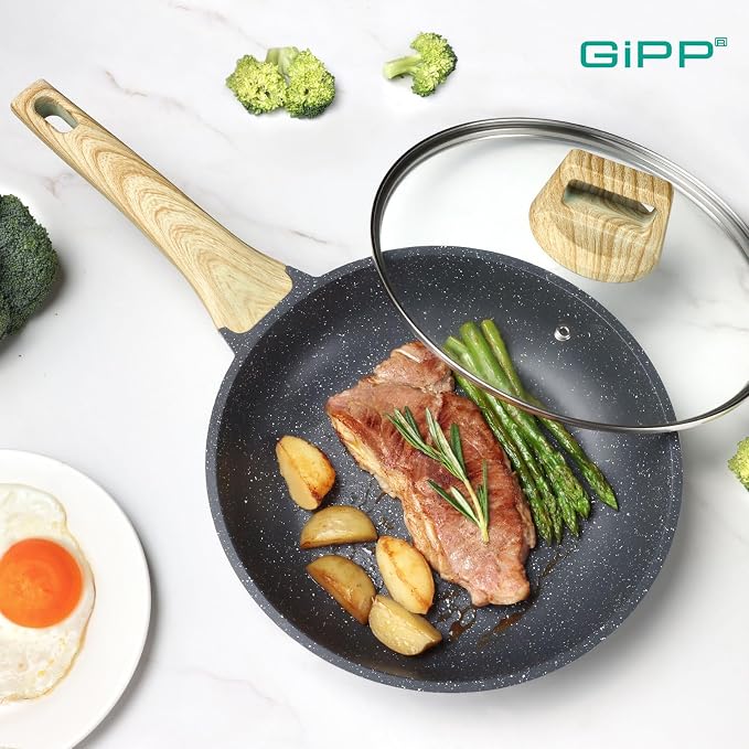 GiPP Nonstick Frying Pan Skillet with Lid - 9.5" Grey Granite Non Stick Pans, Omelette Pan with Heat-Resistant Handle, Compatible with All Stovetops, PFOA Free