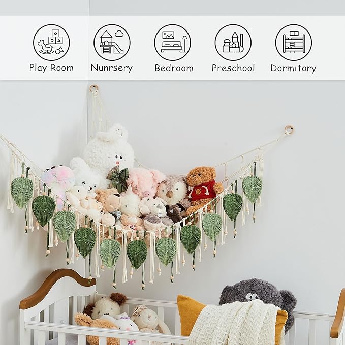 Pretty Jolly Macrame Stuffed Animal Hammock with Beads Hand Woven Leaf Tassels Corner Hanging Net Boho Plush Holder for Toys Kid Room Nursery Decor Organizer for Girls Gift(Sage Green&Avocado Green)