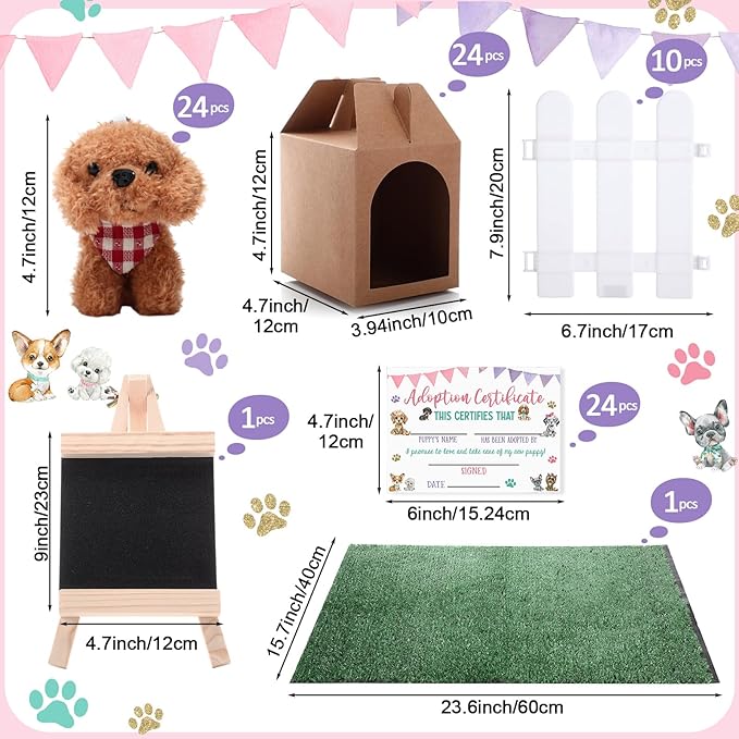 84 Pcs Adopt a Pet Party Favors 24 Mini Plush Stuffed Animals 10 White Plastic Fence 24 Paper Gift Boxes 24 Adoption Cards with Mini Chalkboard and Artificial Lawn(Dog)