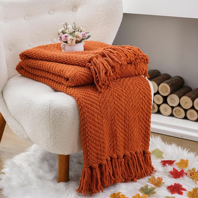 BATTILO HOME Burnt Orange Throw Blanket for Couch, 60"x80" | Knit Fall Decor Blanket Versatile for Chair, Decorative Halloween Throw Blanket with Tassels for Bed