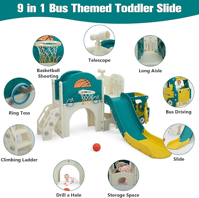 NYEEKOY 9-in-1 Toddler Slide, Bus-Themed Baby Slide and Climber Playset with Basketball Hoop, Ring-Toss, Car Playhouse, Kids Indoor and Outdoor Playground