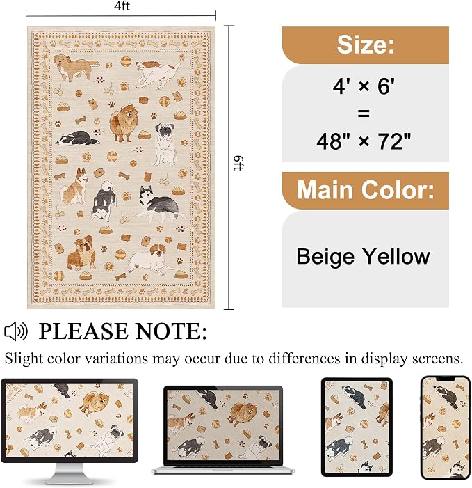 DUKINO 4x6 Area Rug, Washable Dog Rug for Living Room Non Slip Beige Yellow | Low Pile, Stain Resistant, Soft Animal Carpet for Bedroom Office Dorm Dining Room Kids Room Farmhouse, Kid & Pet Friendly
